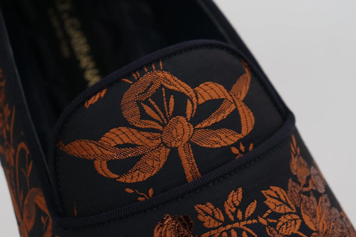 Dolce & gabbana blue rust floral slippers loafers noirs à enfiler avec broderie florale orange détaillée