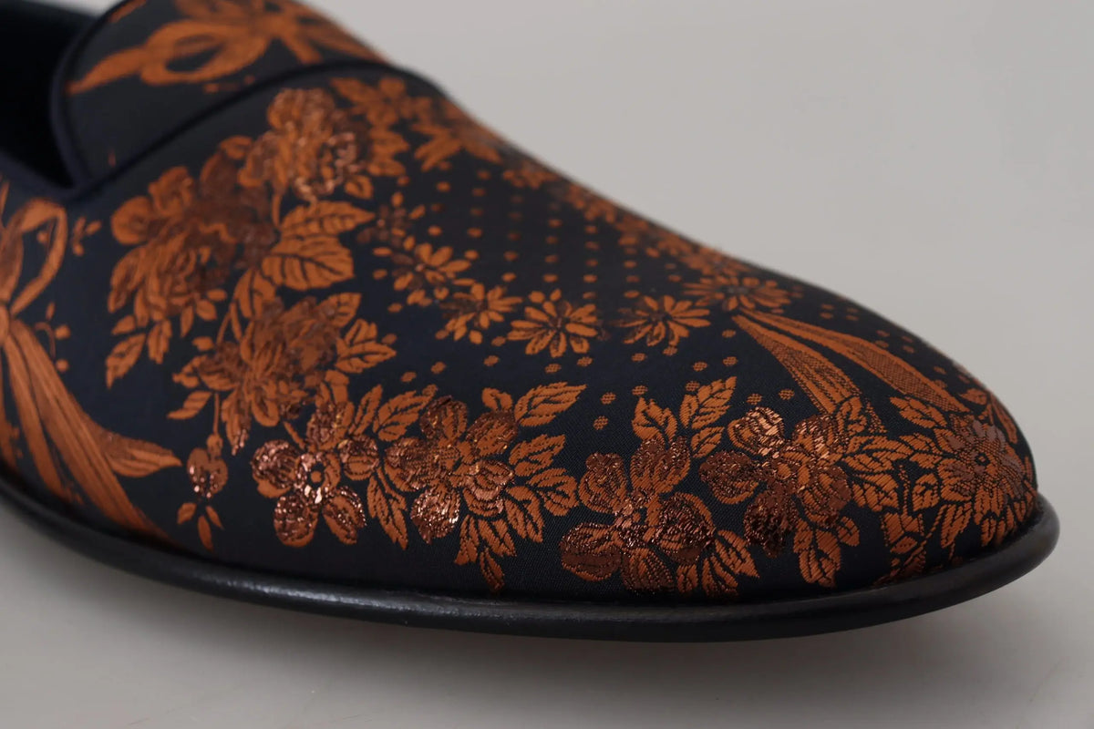 Mocassin slip-on bleu marine dolce & gabbana avec broderie florale métallique bronze détaillée