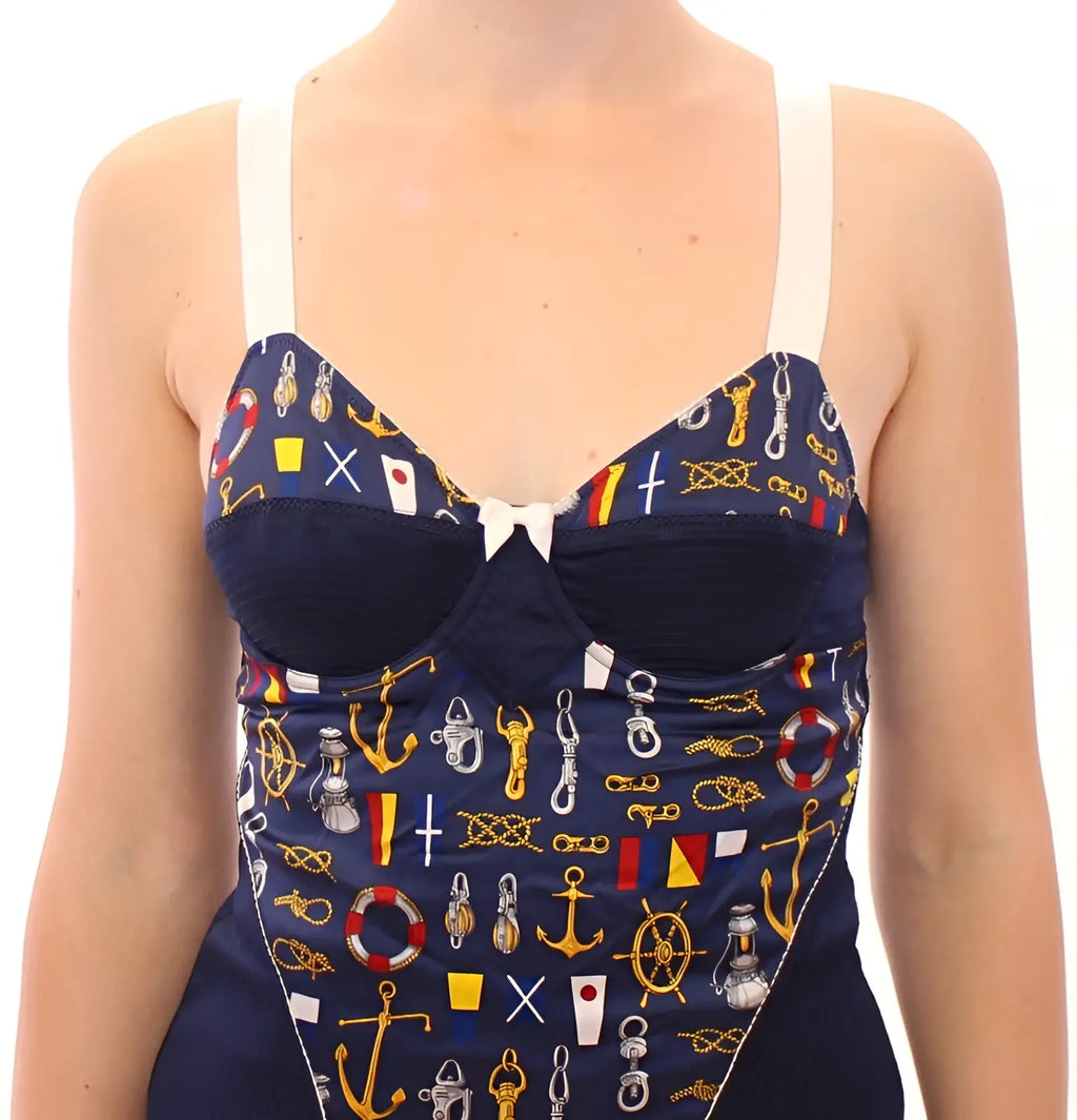 Maillot une pièce bleu marine dolce & gabbana avec bretelles blanches et motif marin en or rouge jaune et blanc