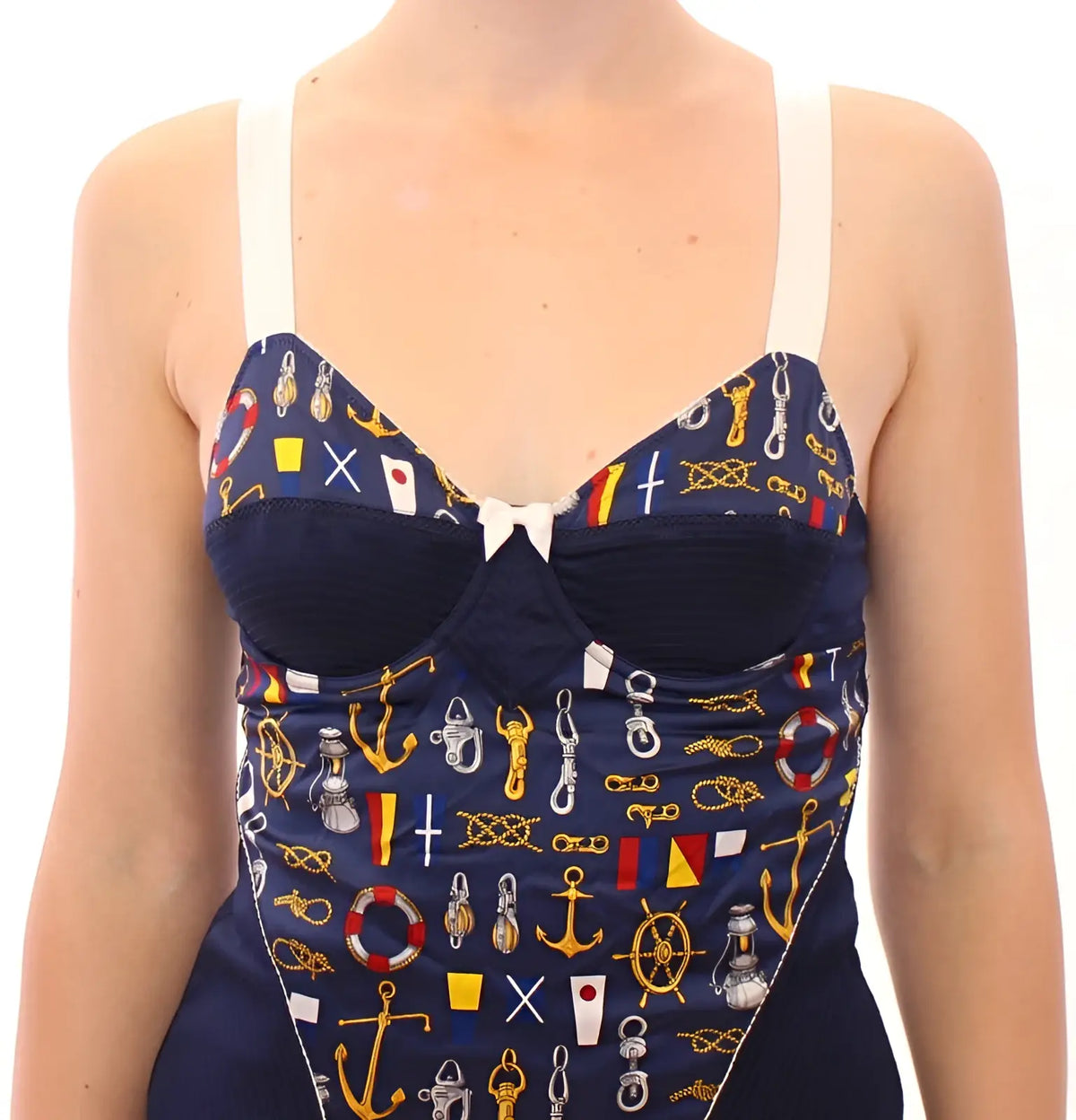 Maillot une pièce bleu marine dolce & gabbana avec bretelles blanches et motif marin en or rouge jaune et blanc