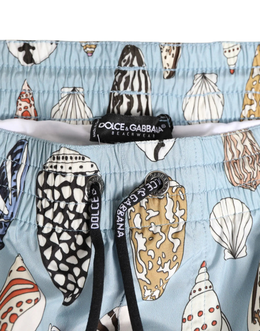 Shorts de plage homme dolce & gabbana bleu clair en nylon avec motif coquillages illustrés noir blanc et tons terreux