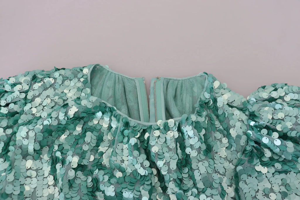 Robe midi droite plissée en nylon bleu à sequins de dolce & gabbana avec col froufrou et manches bouffantes vert menthe scintillant