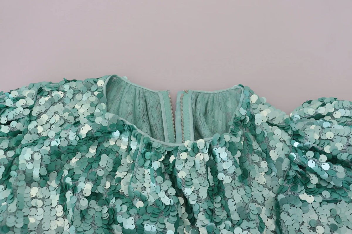 Robe midi droite plissée en nylon bleu à sequins de dolce & gabbana avec col froufrou et manches bouffantes vert menthe scintillant