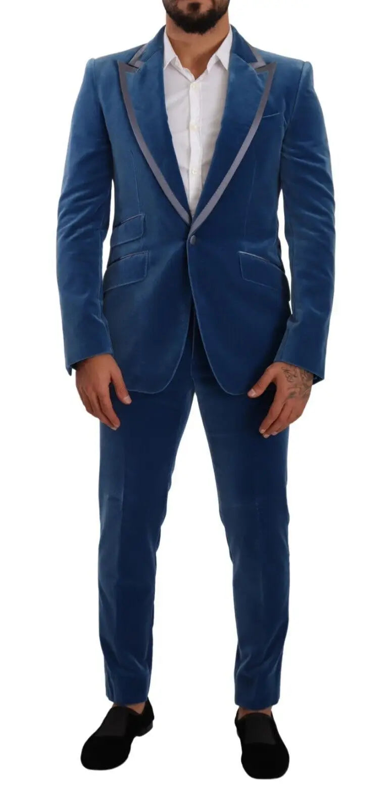 Costume deux pièces bleu en velours sicilia slim fit de dolce & gabbana avec revers en satin argenté contrastant