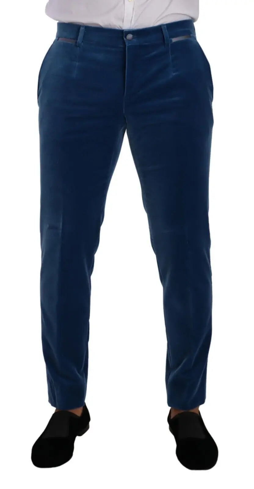 Pantalon en velours bleu profond dolce & gabbana sicilia à coupe slim avec finitions coutures subtiles