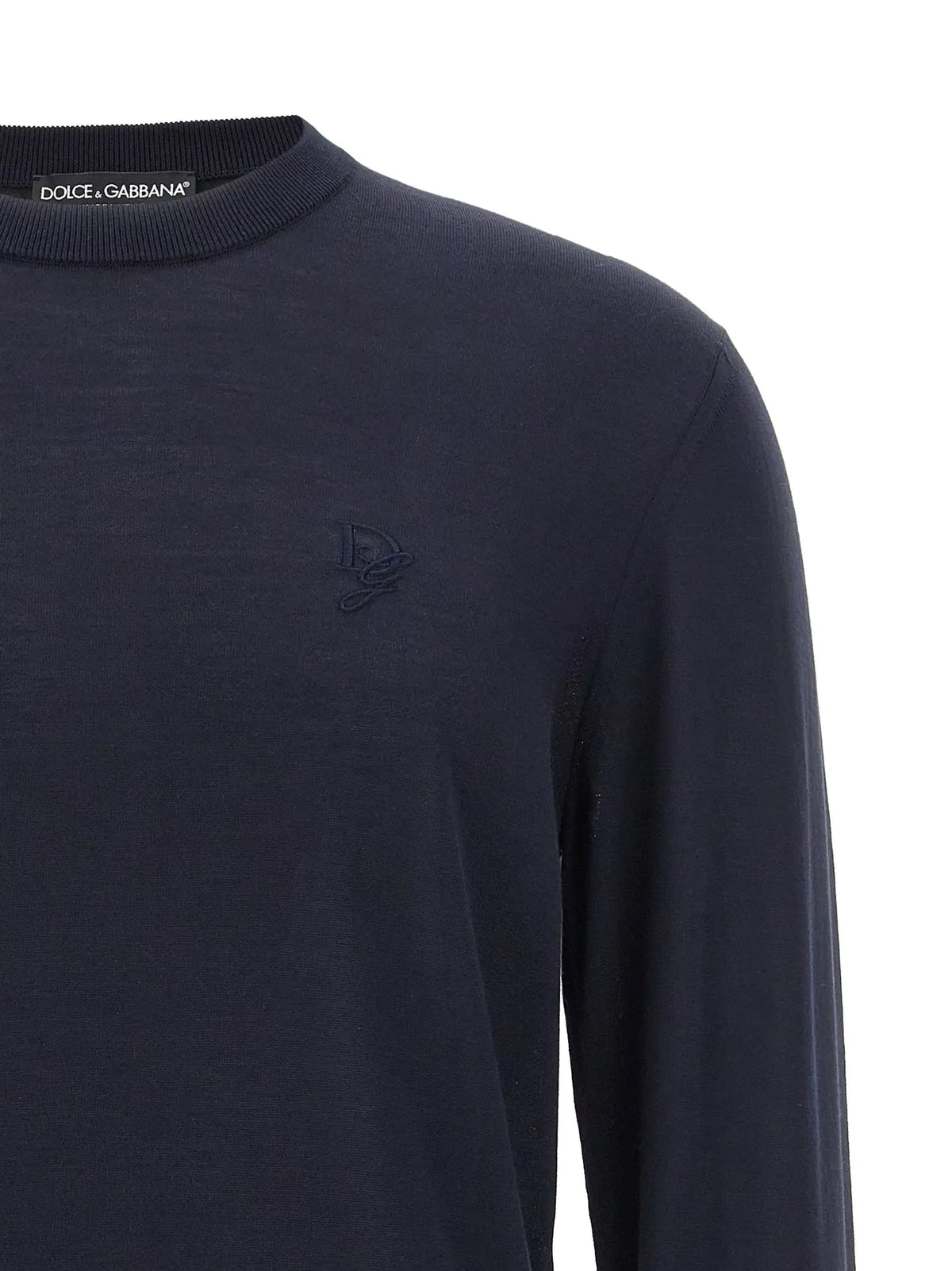 Dolce & gabbana pull col rond bleu marine en soie avec logo brodé discret sur la poitrine