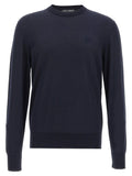 Navy blue dolce & gabbana crewneck sweater with subtle embroidered logo on the chest in blue silk cardigan style