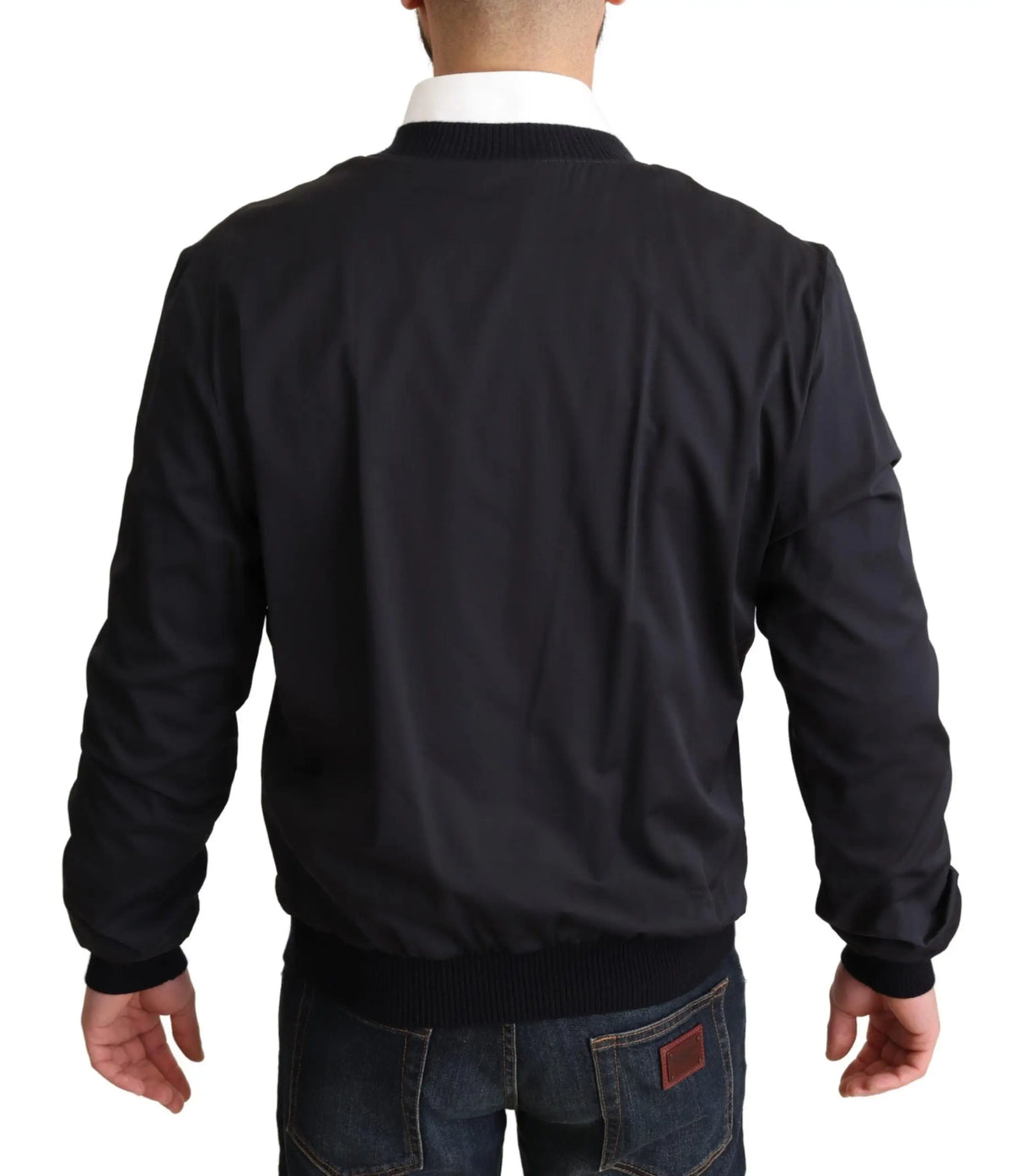 Blouson bomber court dolce & gabbana homme en soie bleu avec poignets et taille côtelés et tissu lisse brillant