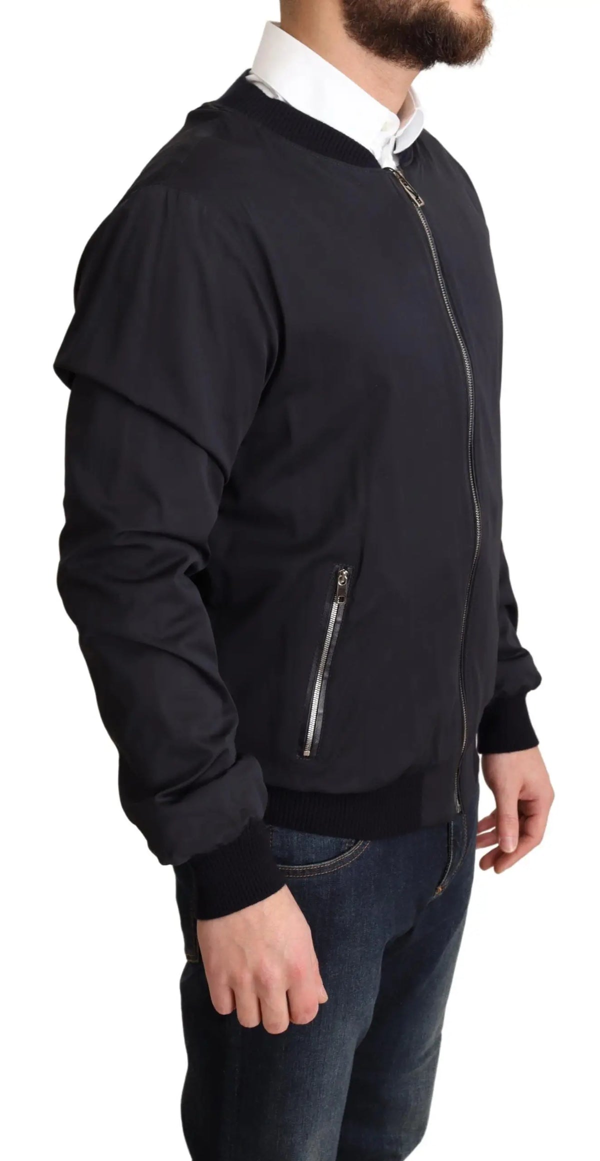 Dolce & gabbana blue silk coat short bomber men jacket en noir avec fermetures éclair argentées et poignets côtelés