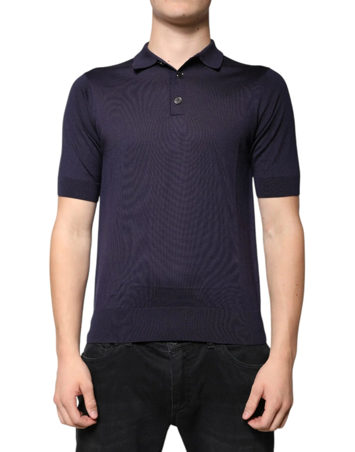 Polo dolce & gabbana bleu marine en soie à manches courtes avec texture subtile et patte à deux boutons