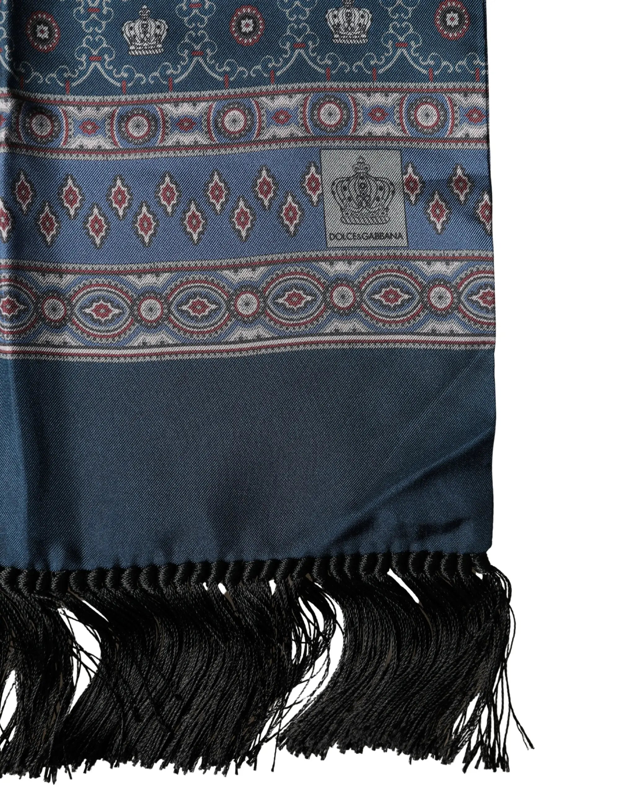 Écharpe en soie bleu dolce & gabbana avec motifs cachemire et géométriques bordeaux blanc et crème avec franges noires
