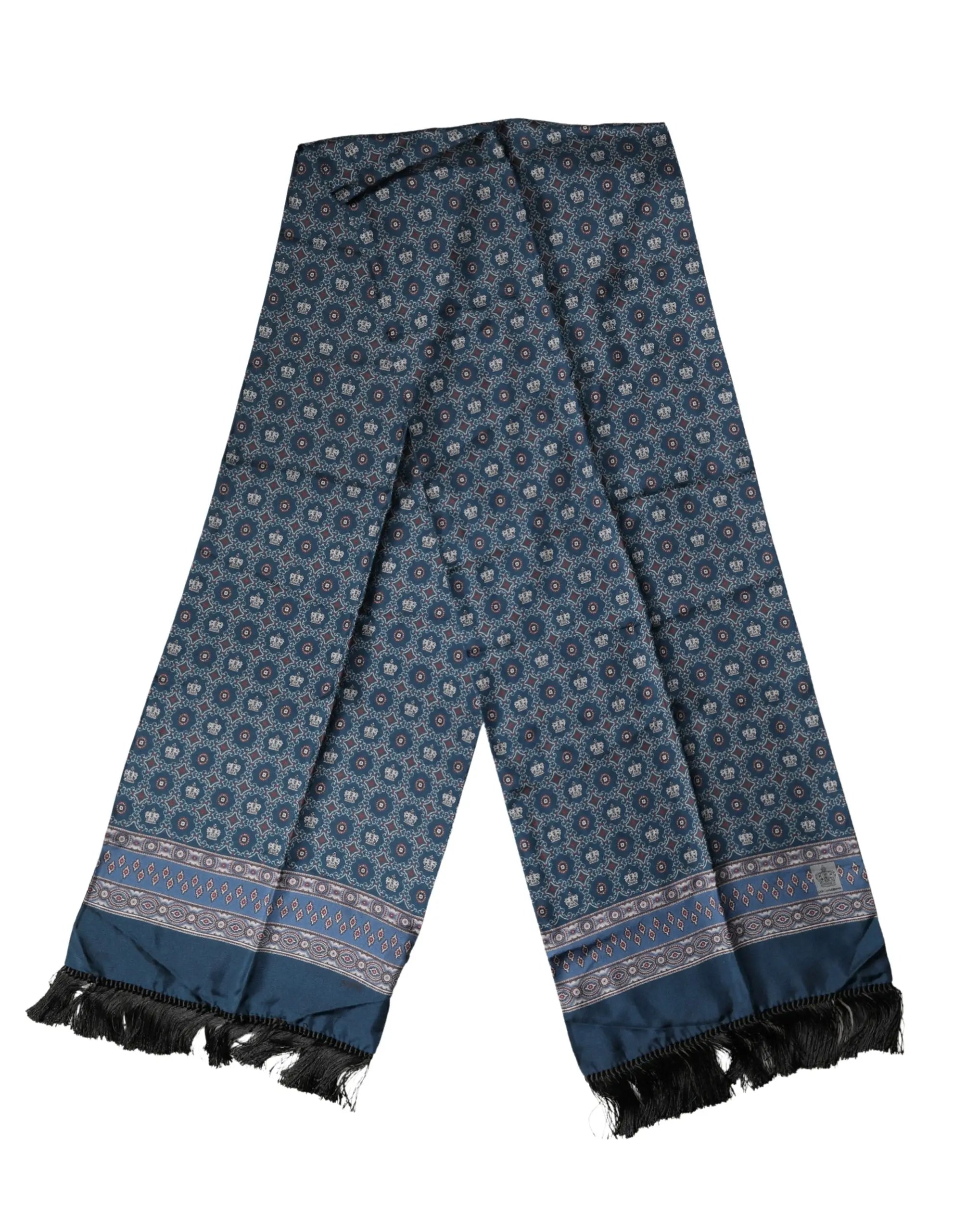 Douce et gabbana foulard en soie bleu marine avec motif géométrique et bord décoratif à franges noires