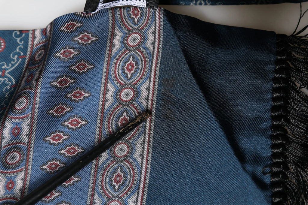 Dolce & gabbana blue silk crown geometric wrap foulard scarf with red white patterns and black fringe edge
