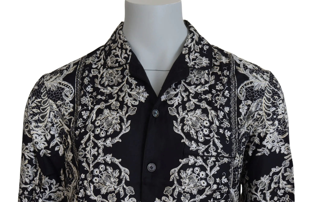 Chemise décontractée dolce et gabbana en satin de soie bleu avec broderie florale blanche et détails en dentelle