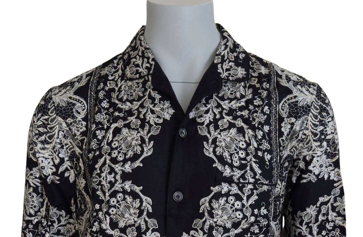 Chemise décontractée dolce et gabbana en satin de soie bleu avec broderie florale blanche et détails en dentelle
