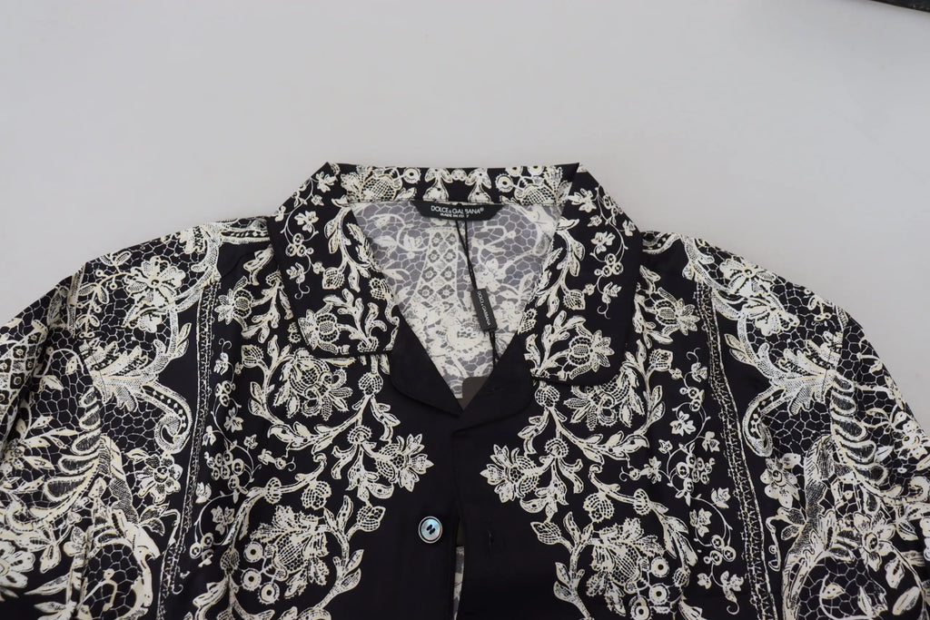 Chemise décontractée dolce & gabbana en satin bleu avec broderie florale blanche dentelle sur tissu noir