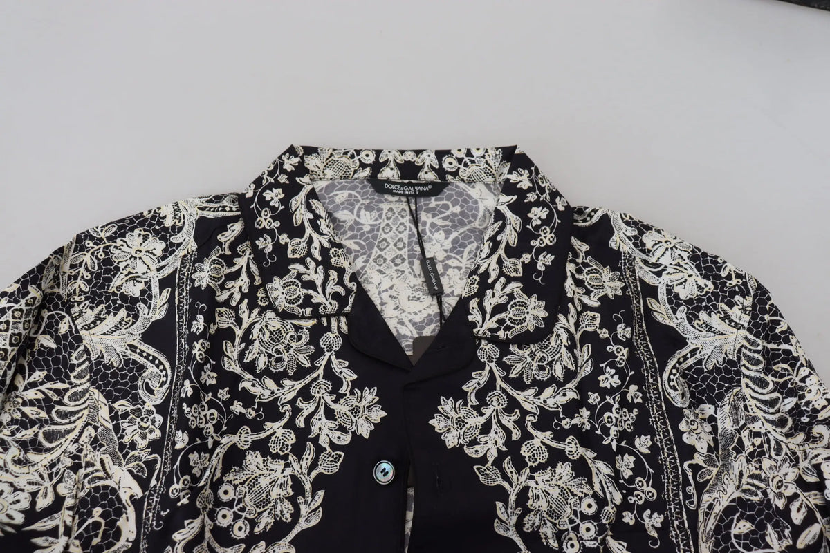 Chemise décontractée dolce & gabbana en satin bleu avec broderie florale blanche dentelle sur tissu noir