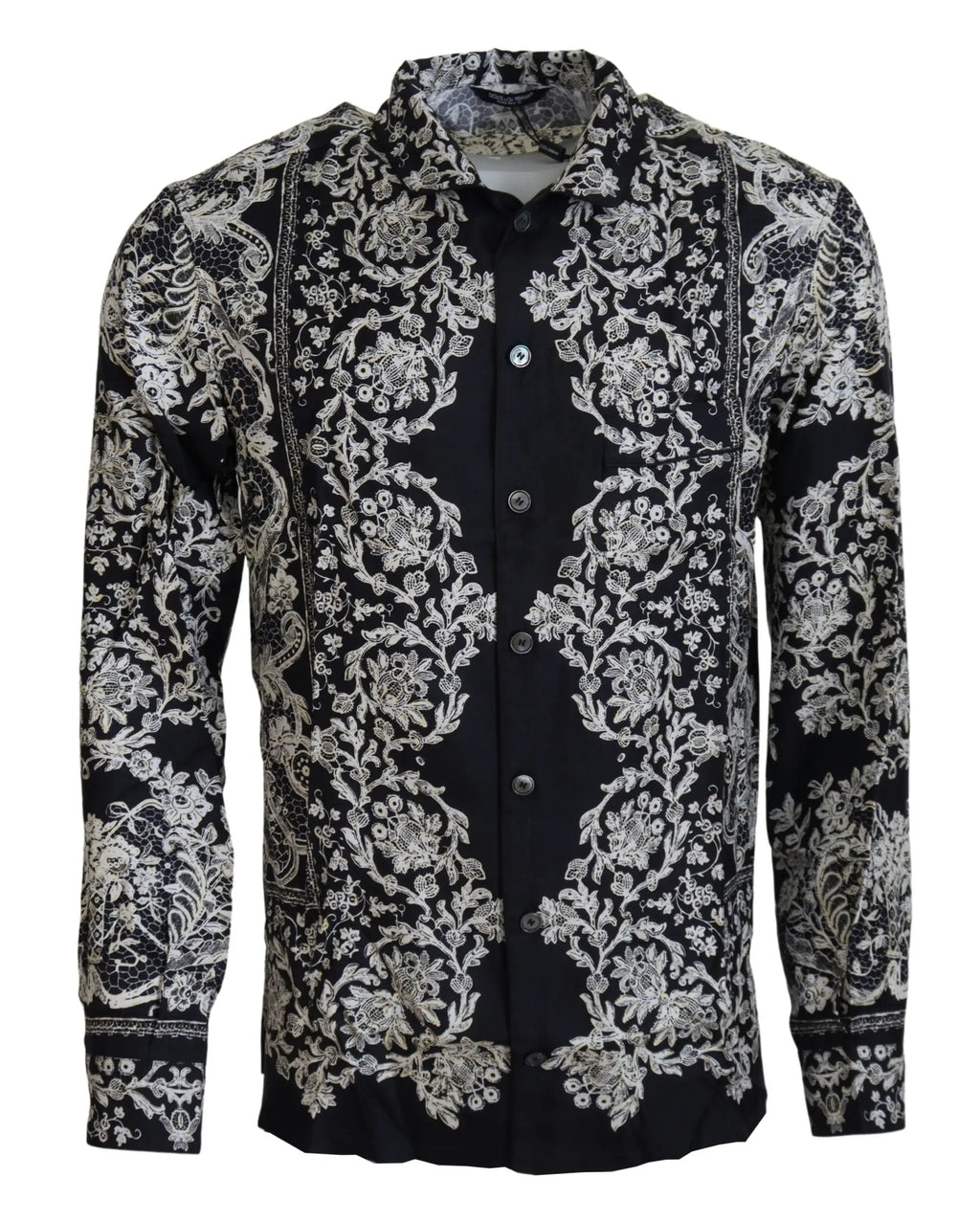 Chemise noire à boutons dolce & gabbana en satin bleu avec broderie florale et cachemire blanche sur le devant et les manches