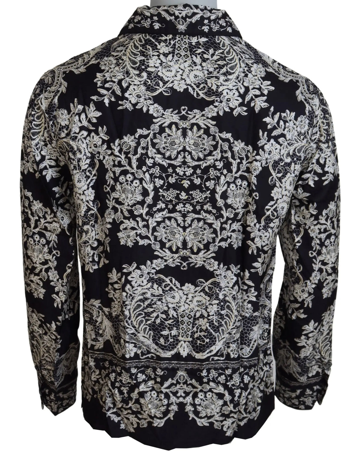 Chemise noire à manches longues dolce & gabbana en satin de soie bleu avec broderie florale blanche détaillée au dos