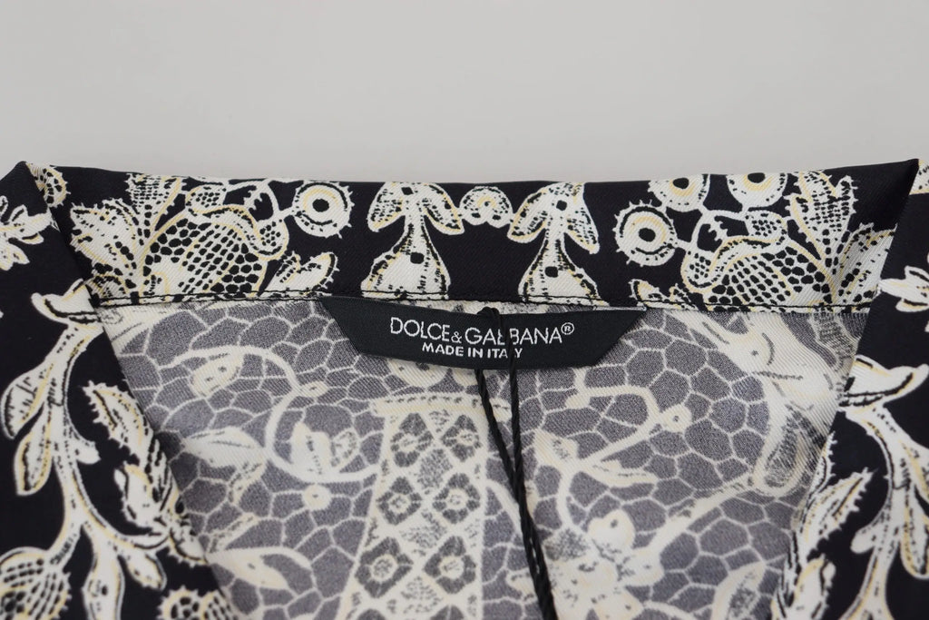 Chemise casual dolce & gabbana en satin bleu avec motif floral baroque noir et blanc en dentelle complexe