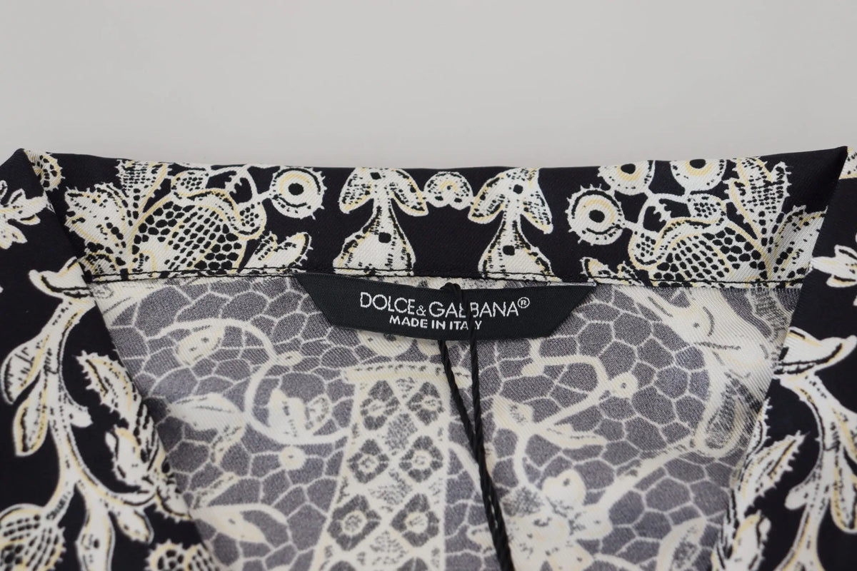 Chemise casual dolce & gabbana en satin bleu avec motif floral baroque noir et blanc en dentelle complexe