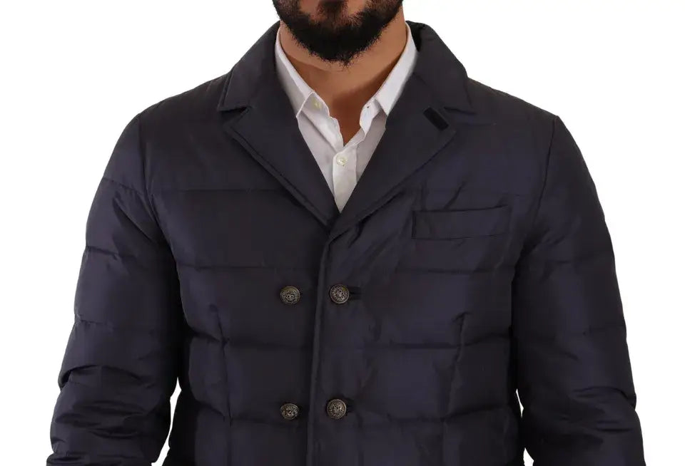 Manteau blouson en soie bleu en chèvre dolce & gabbana avec motif matelassé bleu marine et boutons métalliques double boutonnage