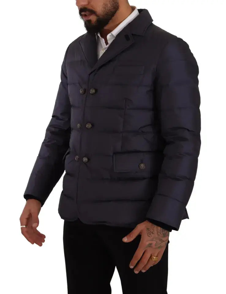Veste blouson en soie de chèvre bleu dolce & gabbana pour homme avec doublure matelassée et boutons croisés
