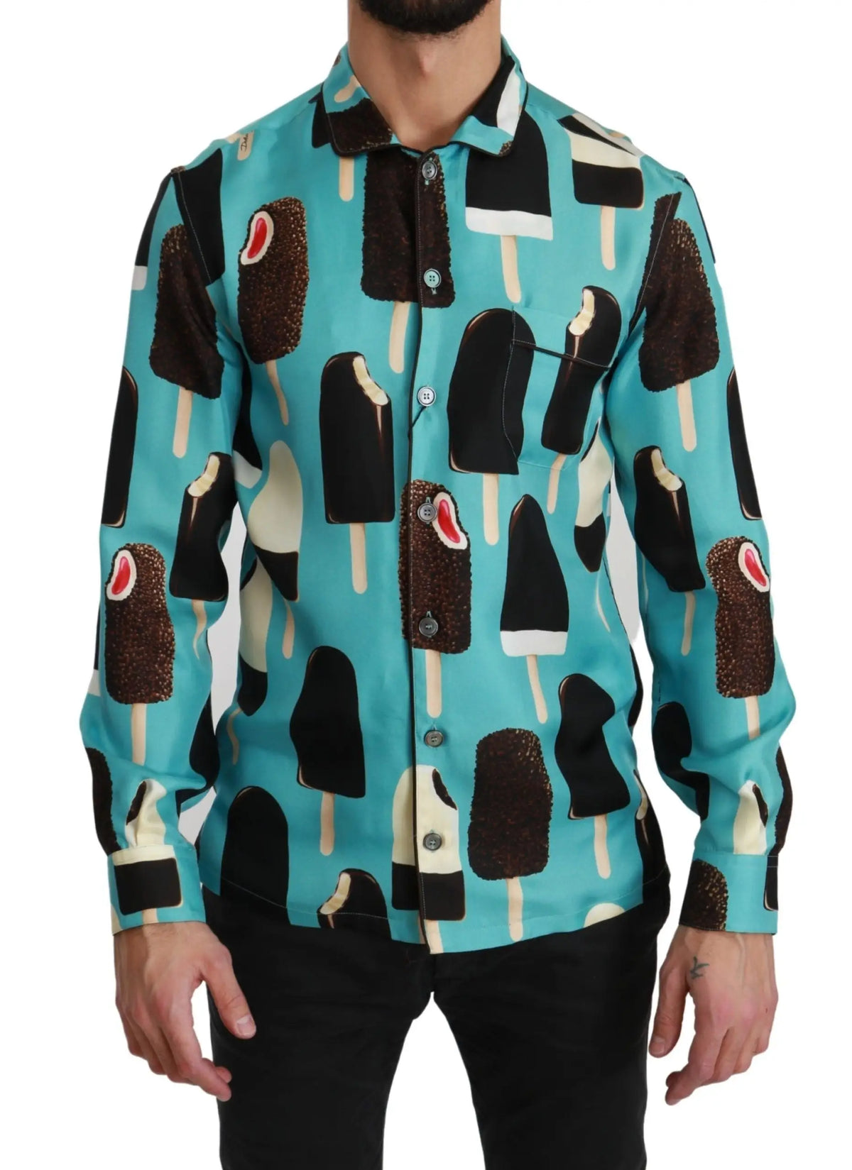Chemise dolce & gabbana en soie bleue turquoise avec motif ludique de glaces chocolat et vanille noir blanc marron