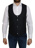 Dolce & gabbana blue silk romb pattern formal coat vest en laine noire avec boutons argentés et coupe classique ajustée