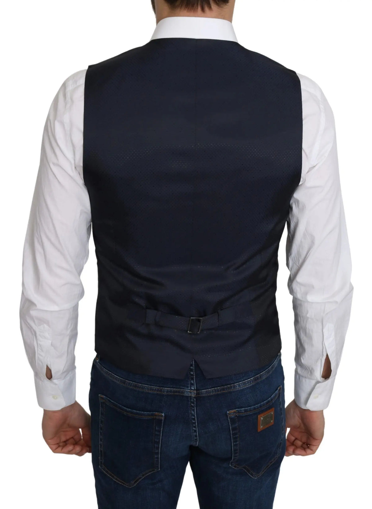 Navy blue tailored vest with subtle textured weave and sleek back closure dolce gabbana blue silk romb pattern formal coat vest back view