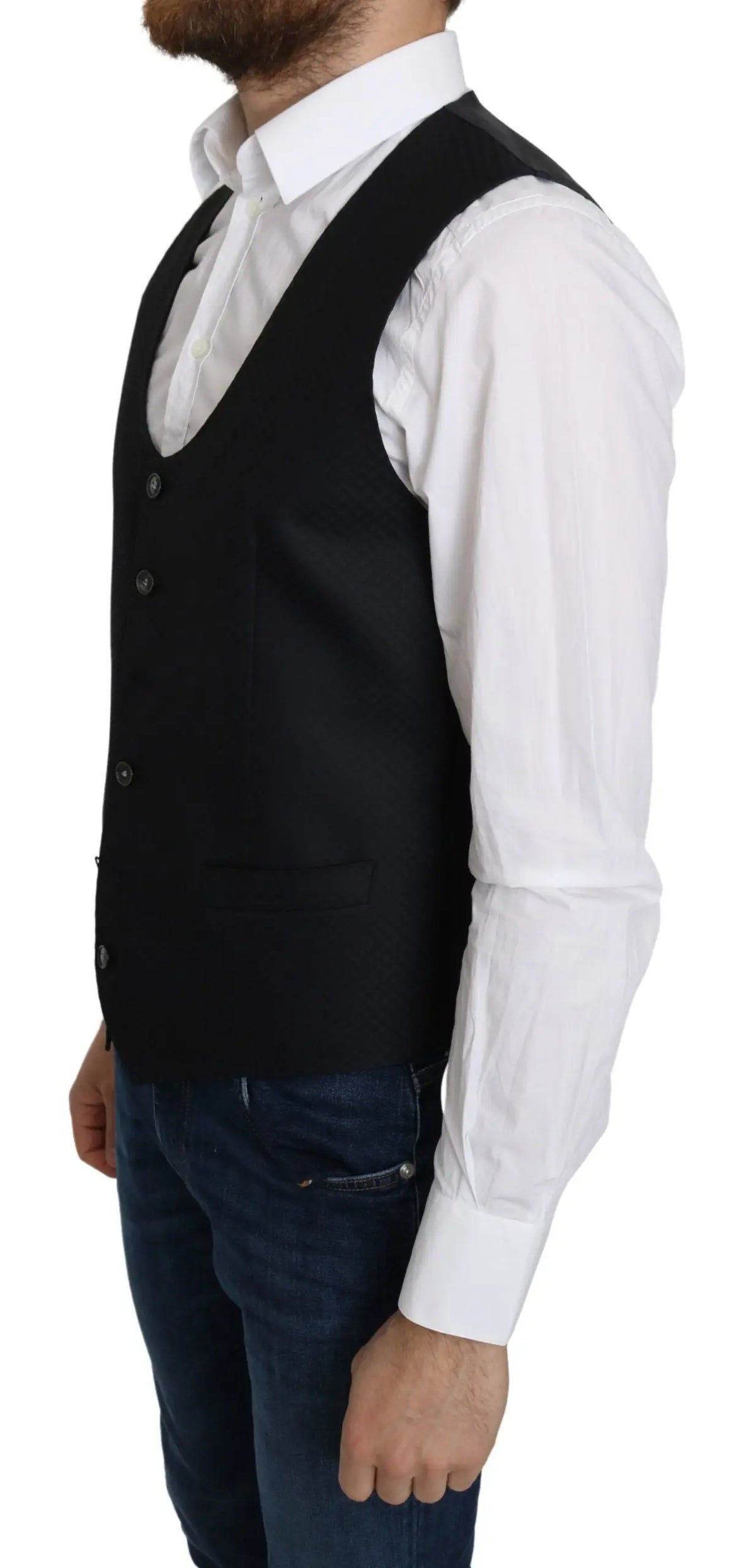 Dolce & gabbana blue silk romb pattern formal coat vest en laine noire avec cinq boutons foncés et coupe classique ajustée