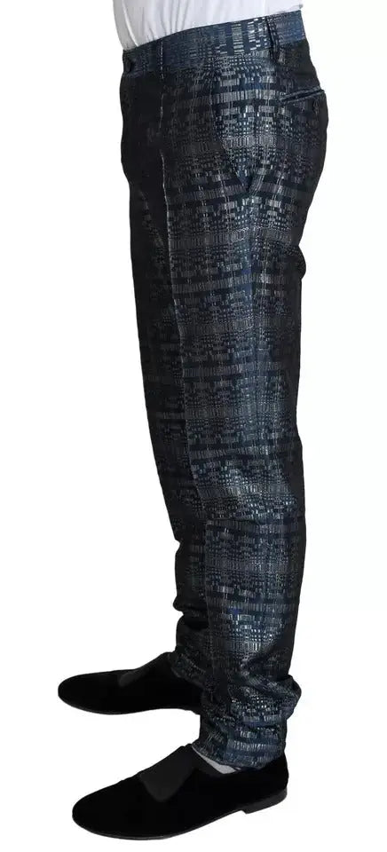 Jean bleu foncé à motif texturé semblable à un code numérique dans costume slim doré deux pièces dolce & gabbana