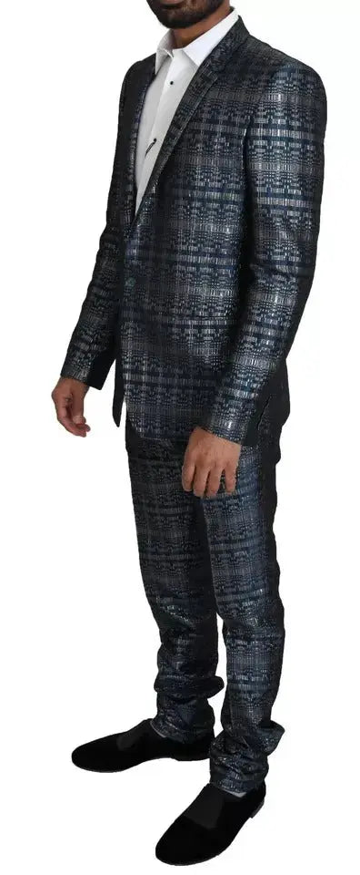 Costume deux pièces slim dolce & gabbana bleu argenté brillant en tissu à carreaux noirs et gris avec un éclat métallique subtil