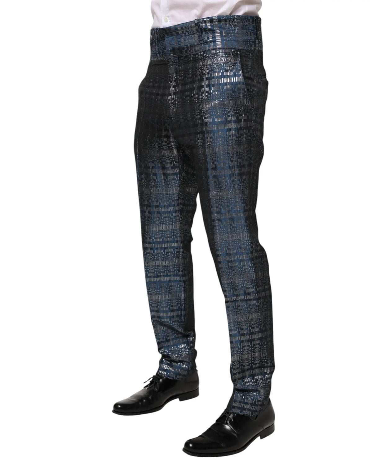 Pantalon skinny homme dolce & gabbana en soie bleu avec motif rayures verticales et léger effet métallisé texturé