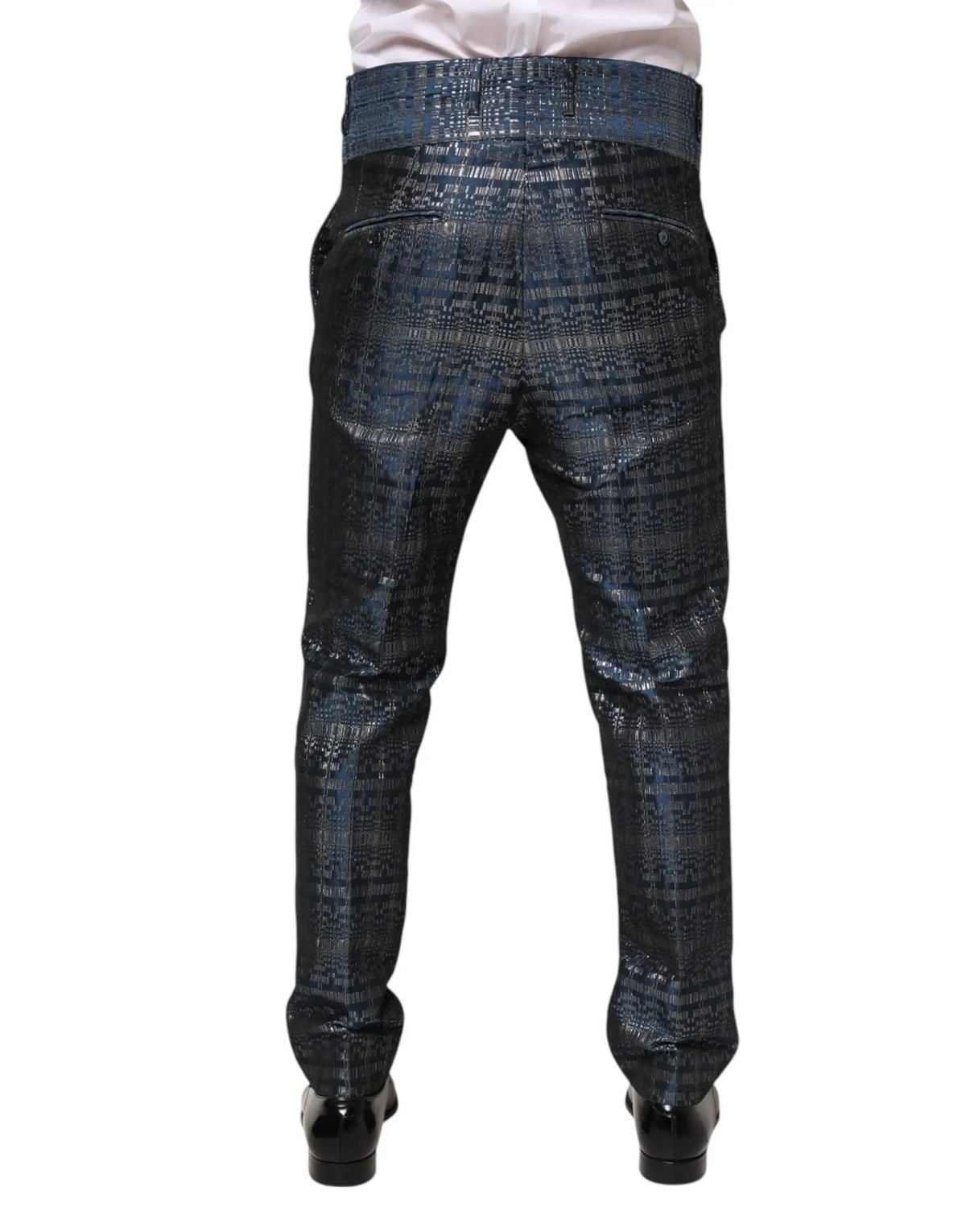 Pantalon homme skinny en soie brillante bleu nuit avec motif tissé et léger éclat métallique par dolce & gabbana