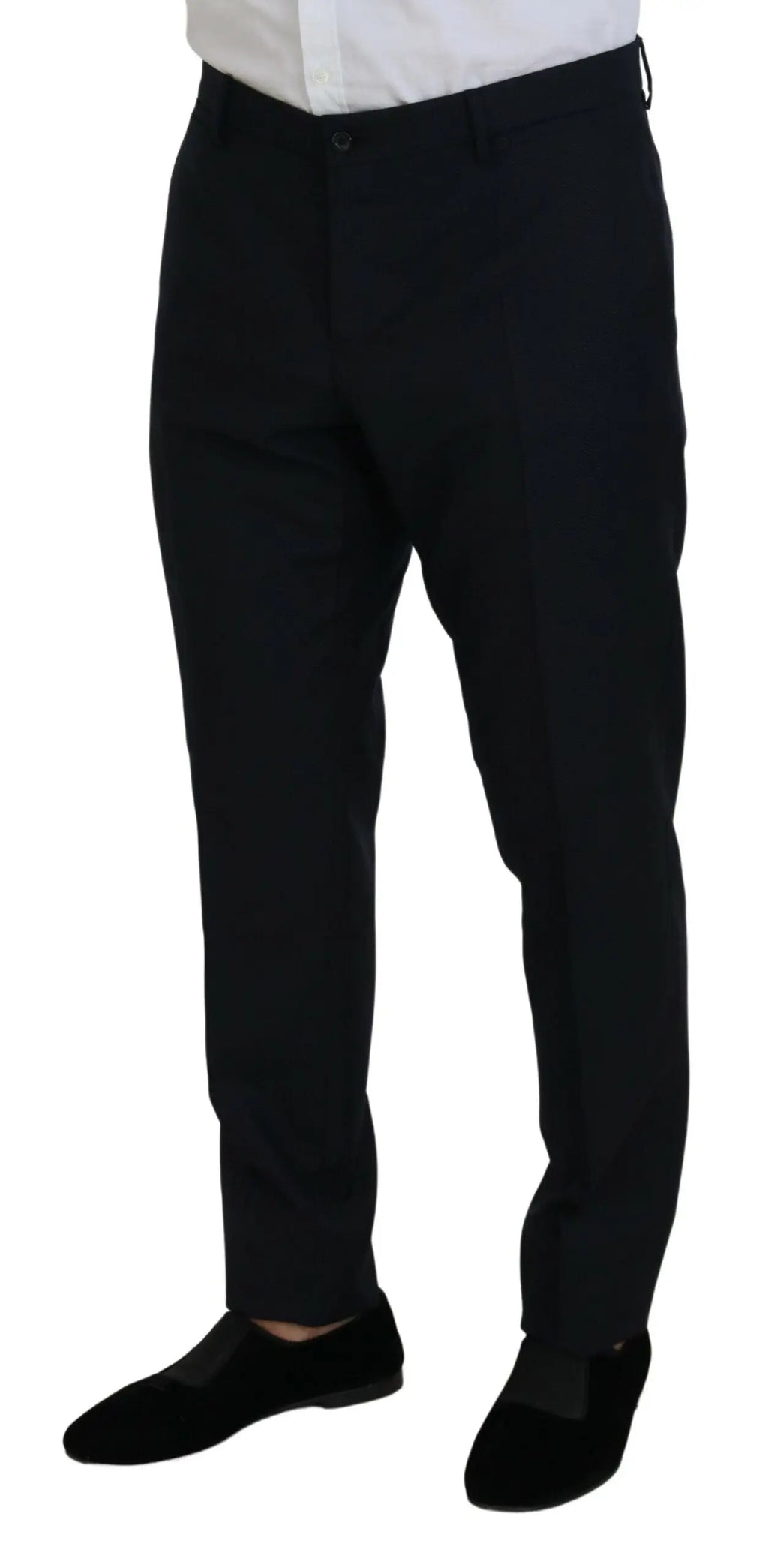 Pantalon noir tailleur dolce gabbana coupe droite avec plis subtils devant pour costume martini bleu à deux boutons