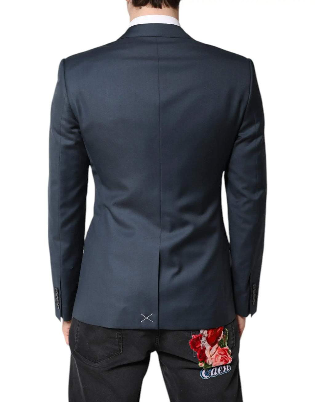 Blazer dolce & gabbana martini bleu marine avec fine broderie florale et lettrage caes au bas du dos