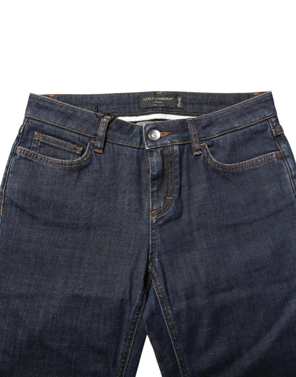 Jean denim bleu foncé dolce & gabbana en coton skinny taille moyenne avec couture orange contrastante et cinq poches