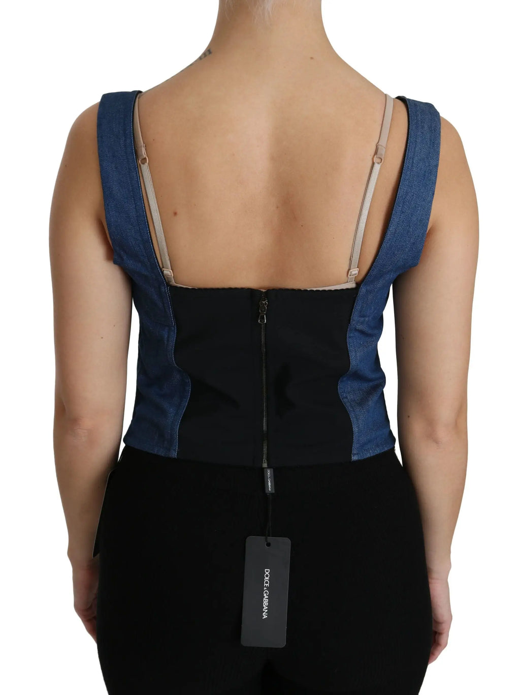 Dolce & gabbana blouse bustier bleue en coton avec tissu noir, bretelles beiges fines et fermeture éclair centrale