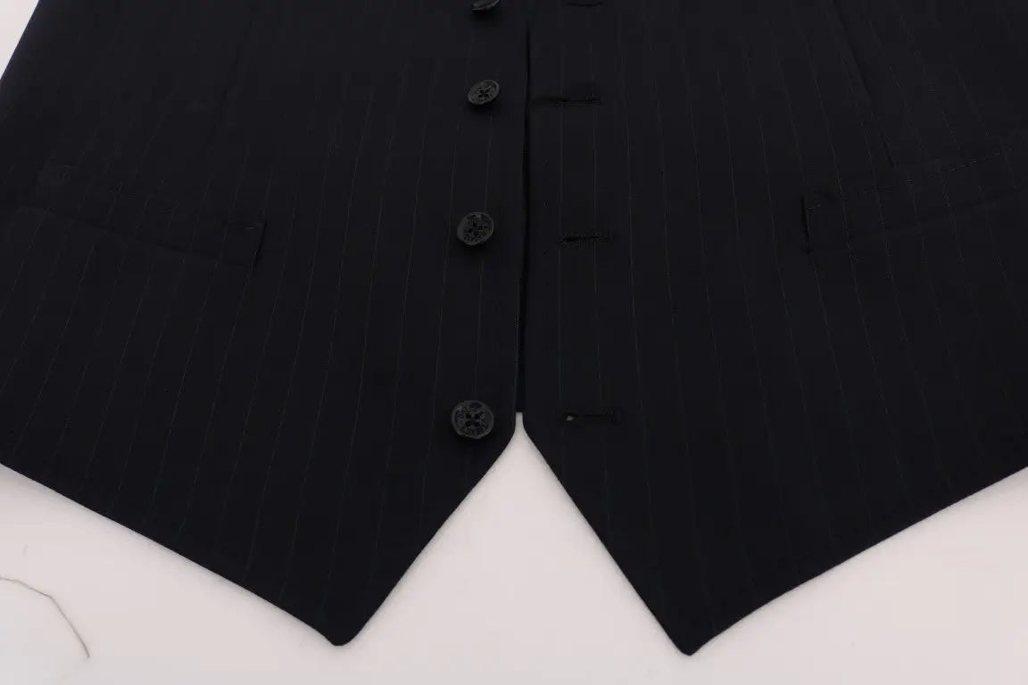 Dolce & gabbana gilet bleu staff en laine stretch avec boutons assortis et fines rayures noires