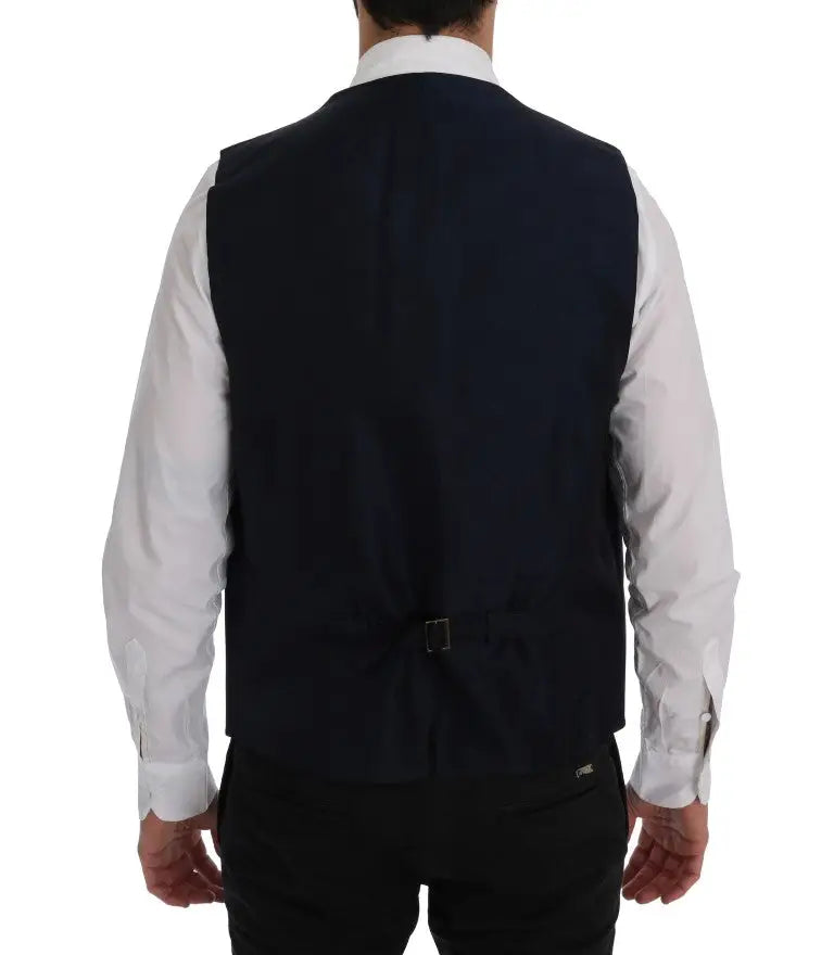 Navy blue wool stretch vest by dolce & gabbana with subtle texture and small metal buckle at the back