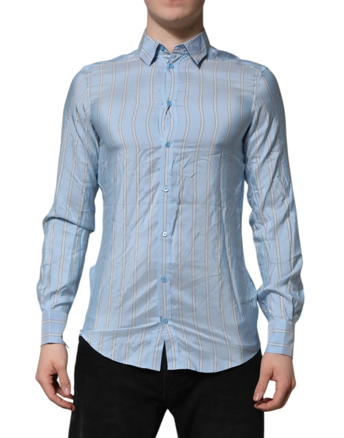 Chemise homme dolce gabbana bleu rayée martini à manches longues avec col classique et rayures verticales subtiles