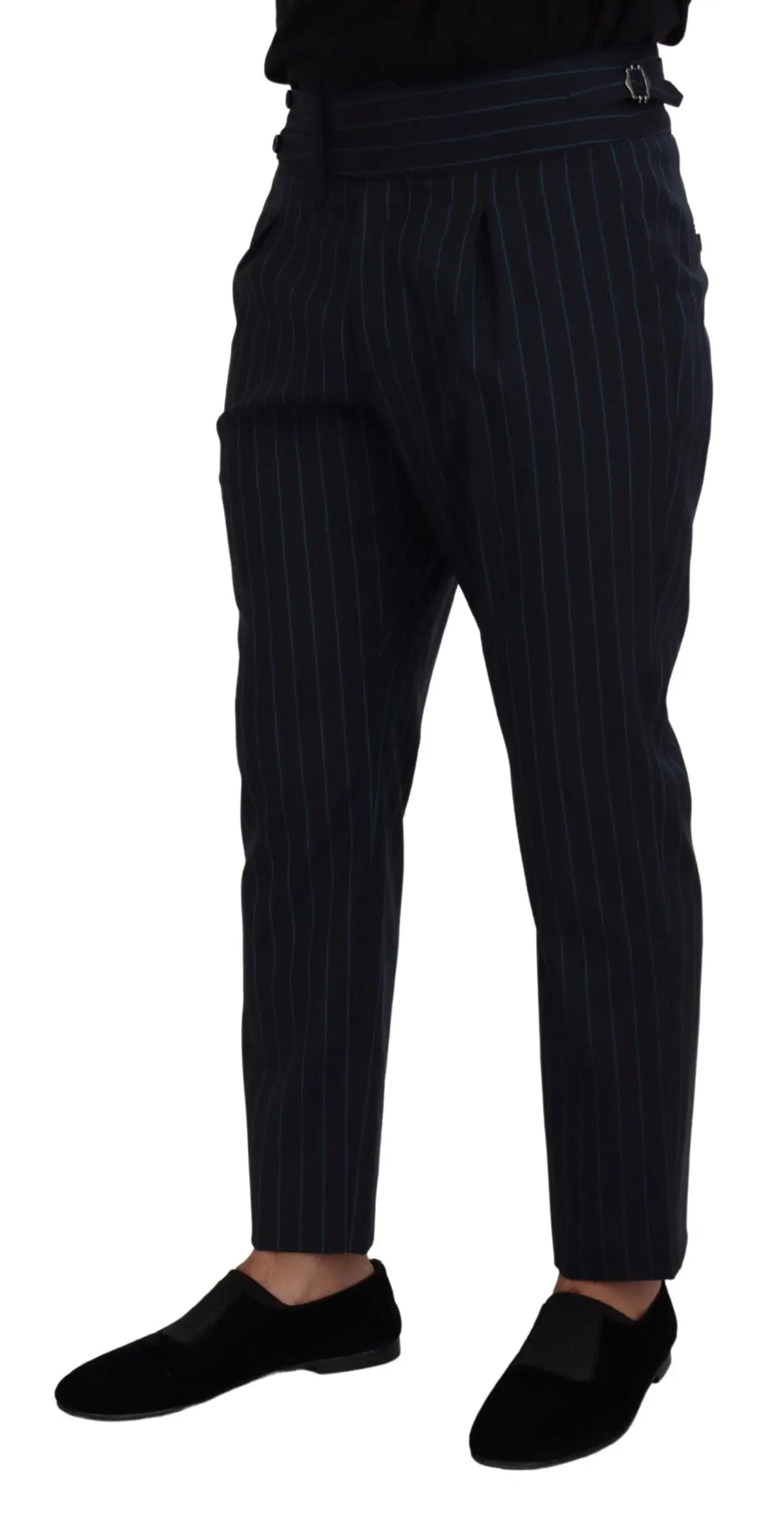 Pantalon formel homme dolce & gabbana noir rayé bleu avec taille haute et détail anneau métallique à la ceinture