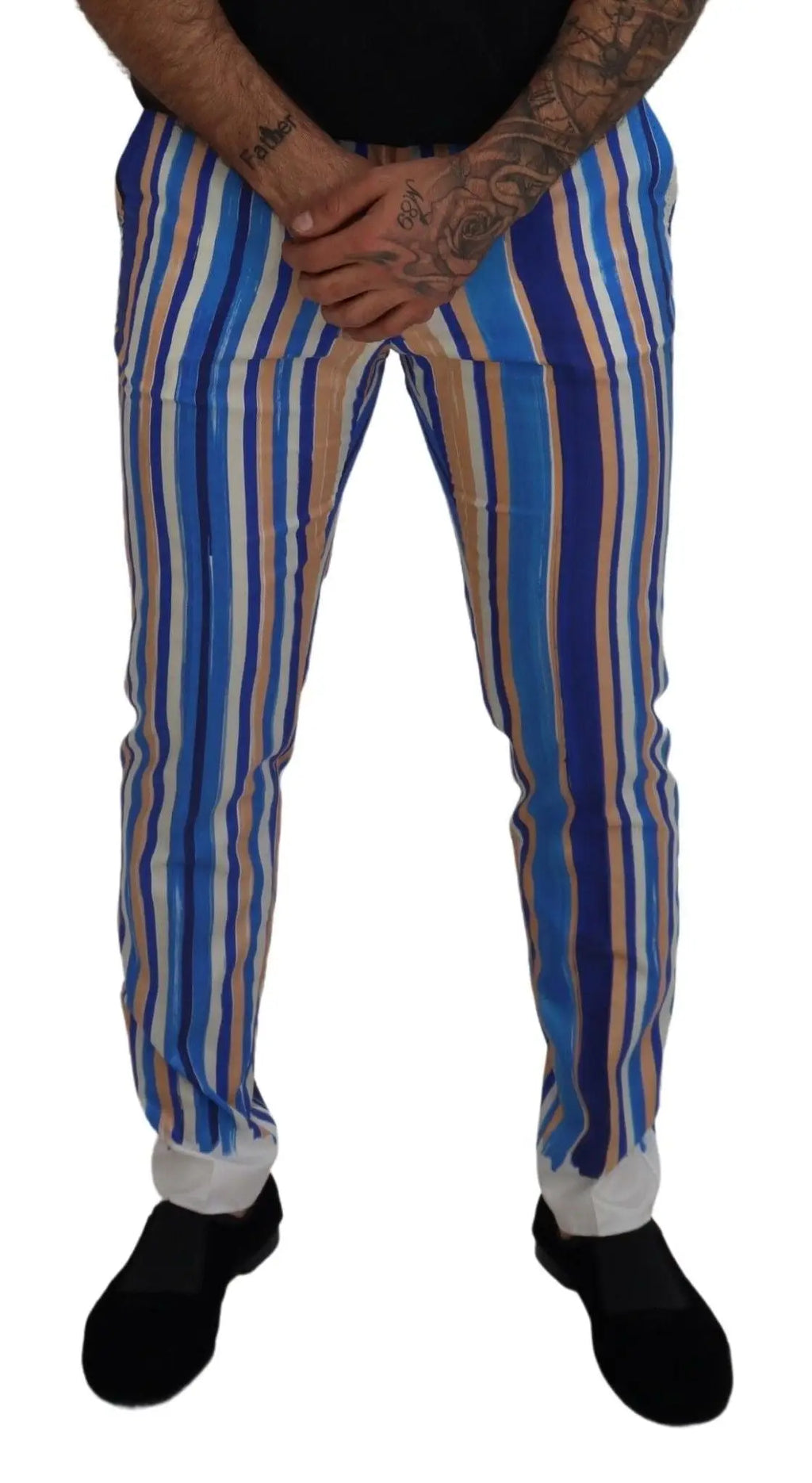 Pantalon slim en soie et coton dolce & gabbana à rayures verticales bleues, blanches et beige à coupe décontractée