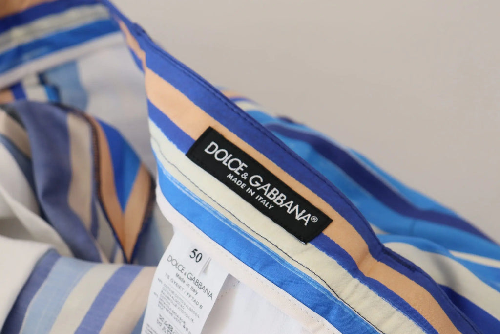 Chemise dolce & gabbana bleue à rayures beige en soie et coton avec étiquette noire sur le col