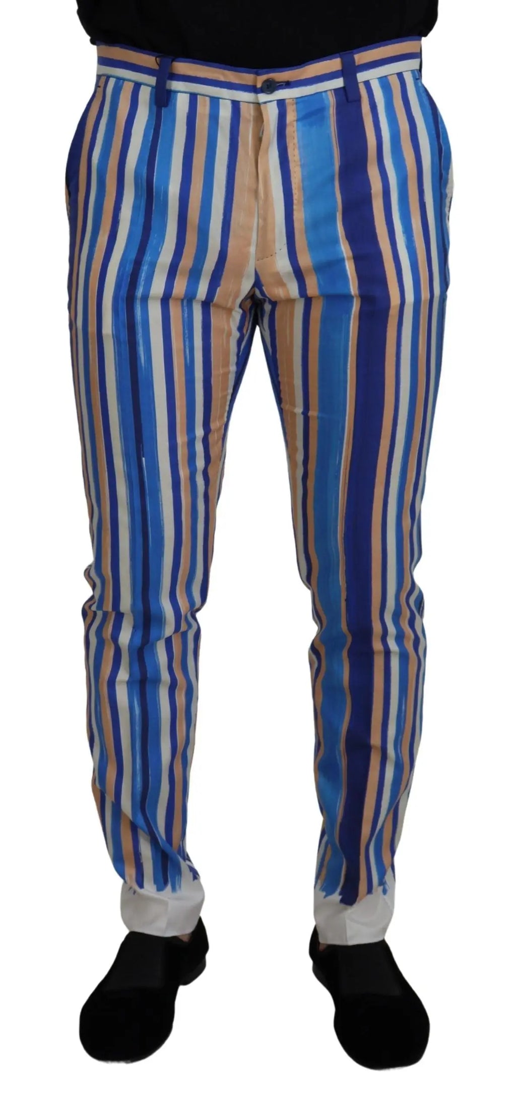 Dolce & Gabbana pantalons slim rayés bleus et beiges en soie et coton avec ceinture blanche passant par la taille