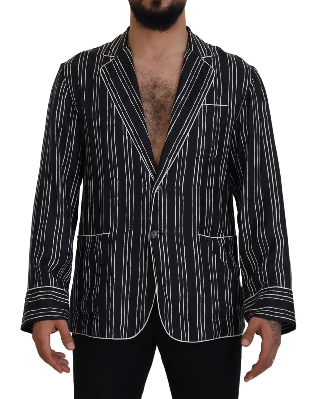 Veste Dolce & Gabbana en soie bleu et blanc à rayures verticales avec coupe décontractée et détails de couture propres