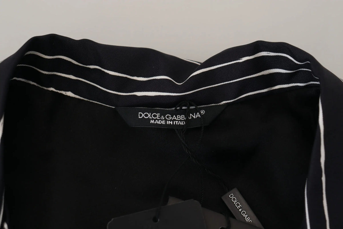 Blouse dolce & gabbana noire à rayures blanches horizontales en soie style chemise de pyjama bleu