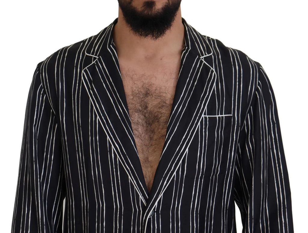 Blazer noir à fines rayures blanches verticales à simple boutonnage style dolce & gabbana blue striped silk pajama shirt jacket