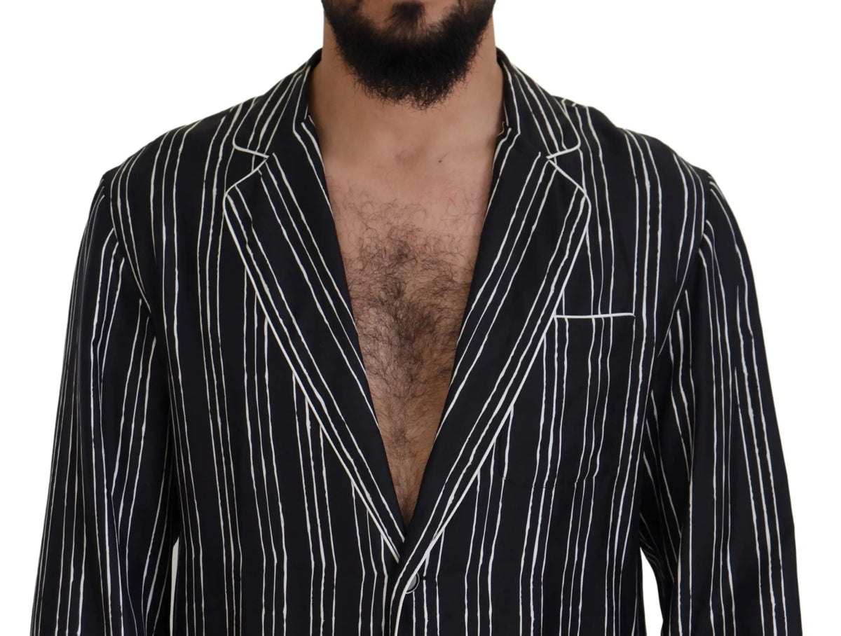 Blazer noir à fines rayures blanches verticales à simple boutonnage style dolce & gabbana blue striped silk pajama shirt jacket